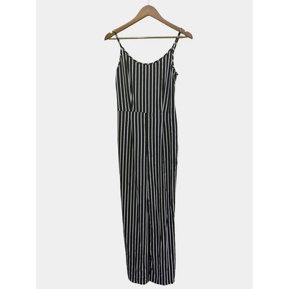 🌻3/$10 Ci Sono Black Ivory Striped Jumpsuit Spaghetti Strap Small Minimalist - Picture 2 of 9